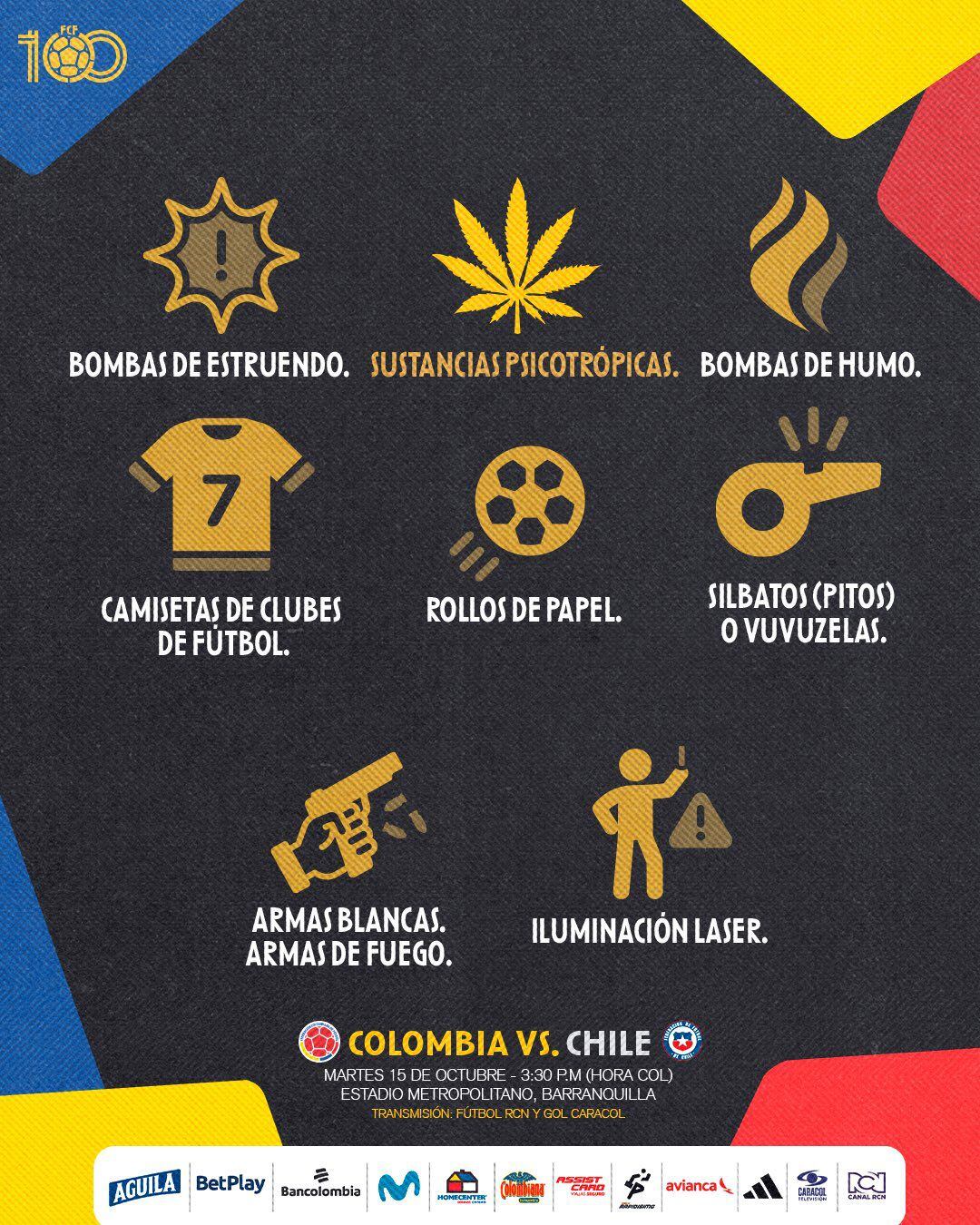 Las recomendaciones de la Federación Colombiana de Fútbol para la hinchada en general, previa al partido ante Chile - crédito @FCFSeleccionCol / X