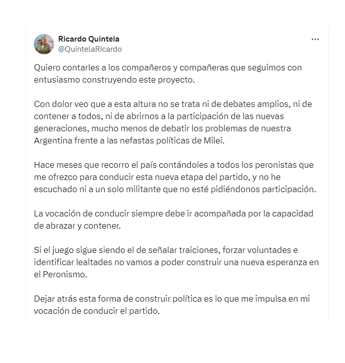 El posteo de Ricardo Quintela confirmando su candidatura a las elecciones del PJ