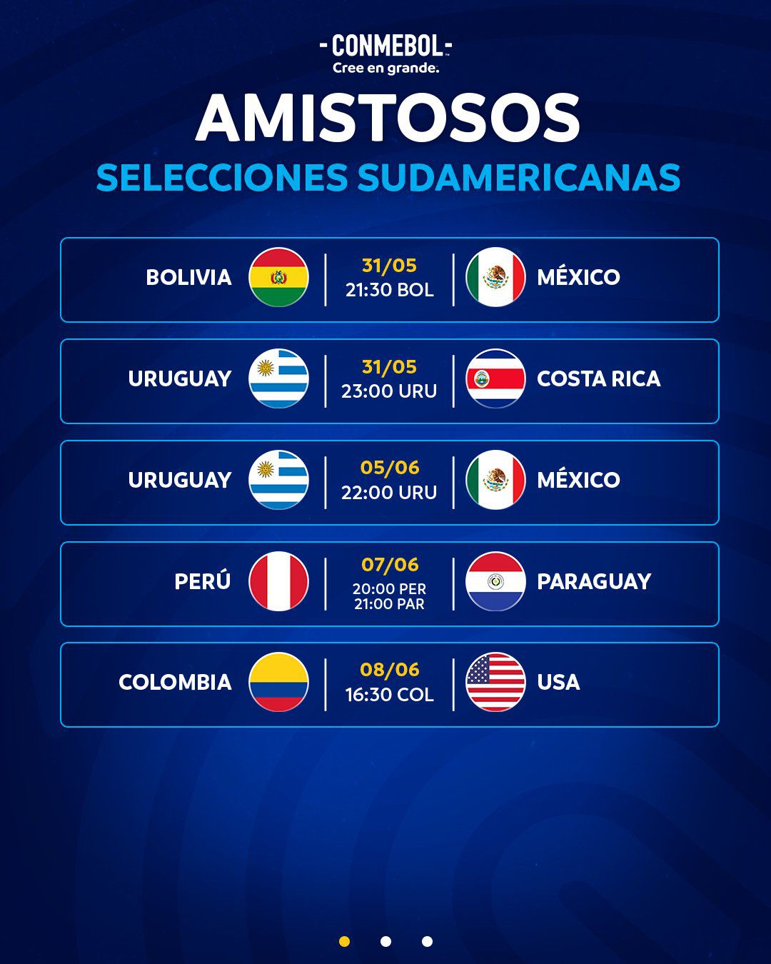 Programación de amistosos internacionales de selecciones de Conmebol en fecha FIFA previo a la Copa América 2024.