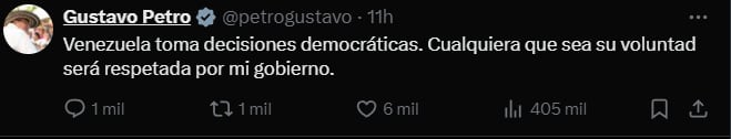 El presidente Petro aseguró que respetará la decisión que se tome en las elecciones presidenciales de Venezuela - crédito @petrogustavo/X