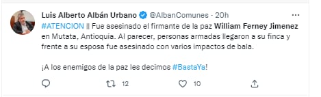 La noticia de un nuevo homicidio a un firmante de paz la dio a conocer el miembro de la Cámara de Representantes Luis Alberto Albán Urbano.