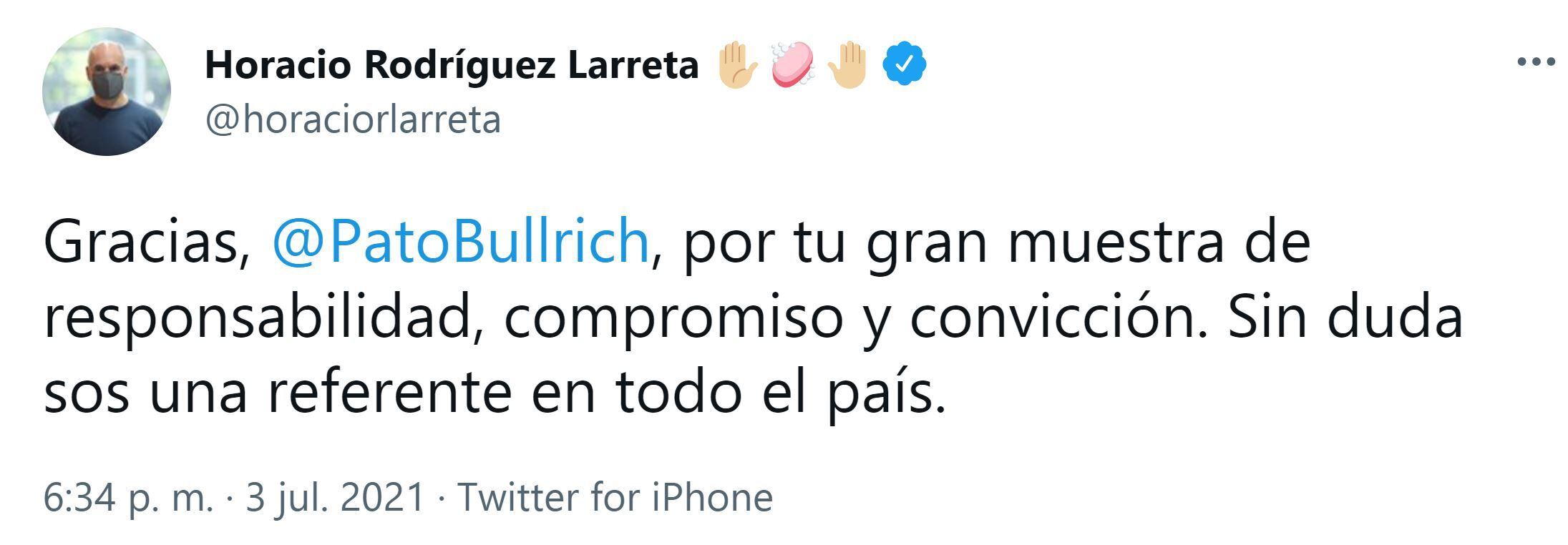 El jefe de Gobierno porteño, Horacio Rodríguez Larreta, también destacó en redes sociales la decisión de Patricia Bullrich