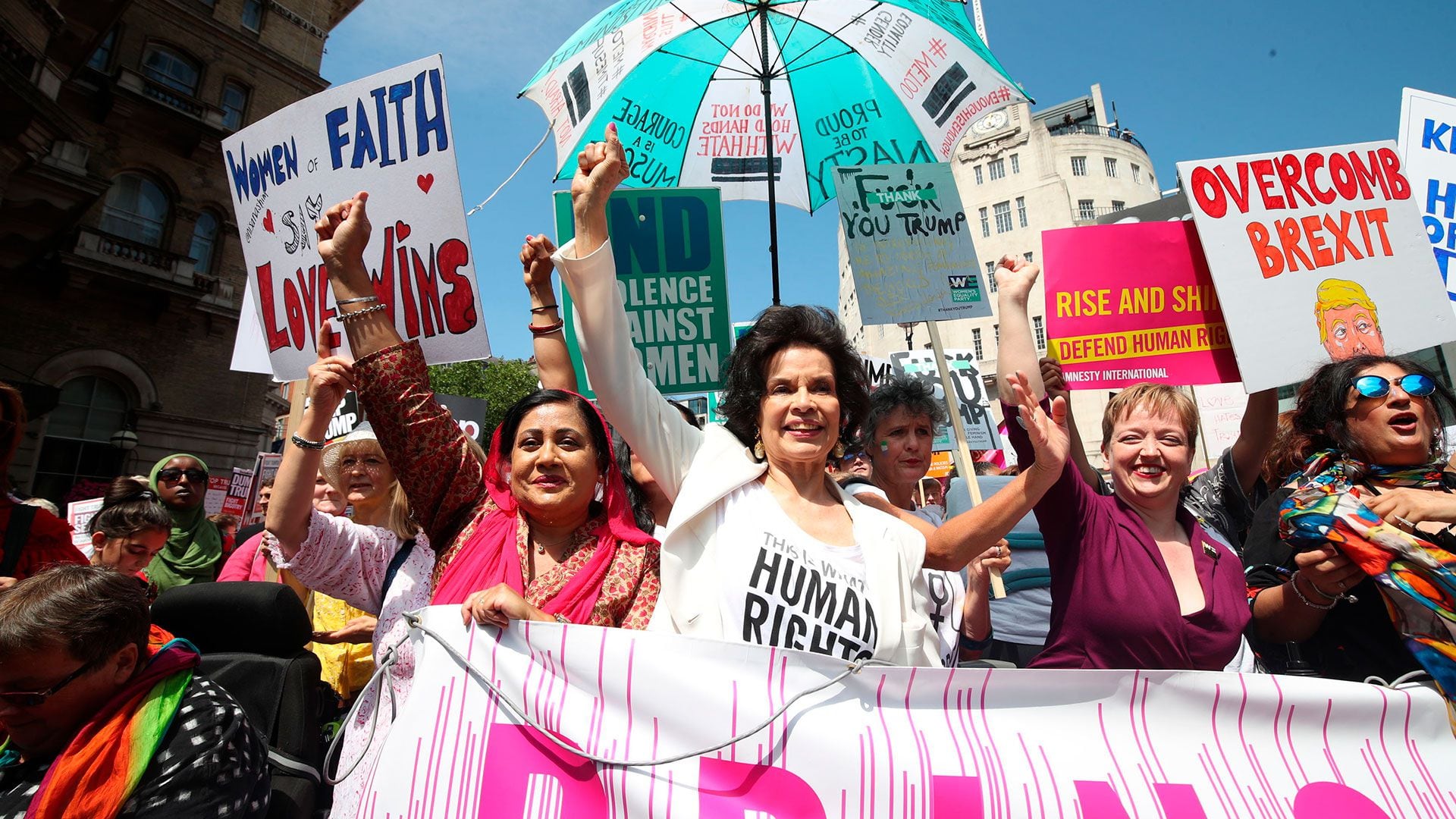 Bianca Jagger (centre) joins protesters for the 'Stop Trump' Women's March in London, during protests against the visit of US President Donald Trump to the UK. No Use UK. No Use Ireland. No Use Belgium. No Use France. No Use Germany. No Use Japan. No Use China. No Use Norway. No Use Sweden. No Use Denmark. No Use Holland. No Use Australia