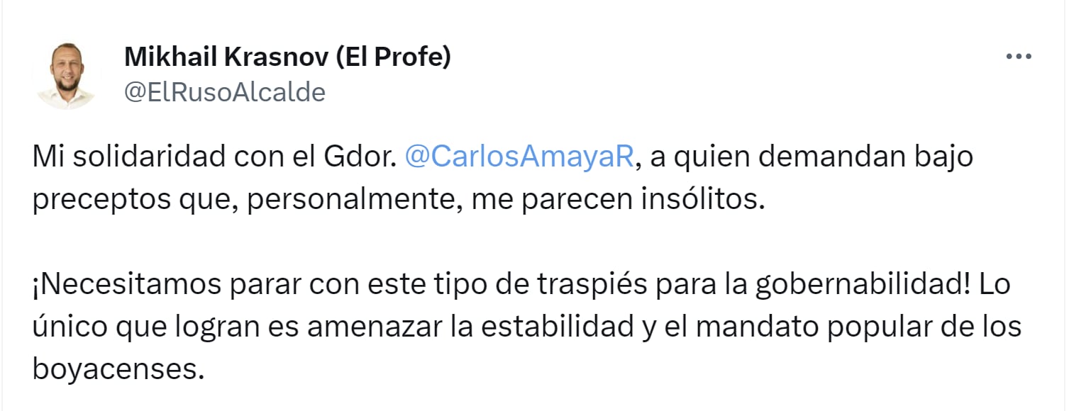 Mikhail Krasnov se pronunció en solidaridad a una denuncia contra el gobernador Carlos Amaya - crédito X