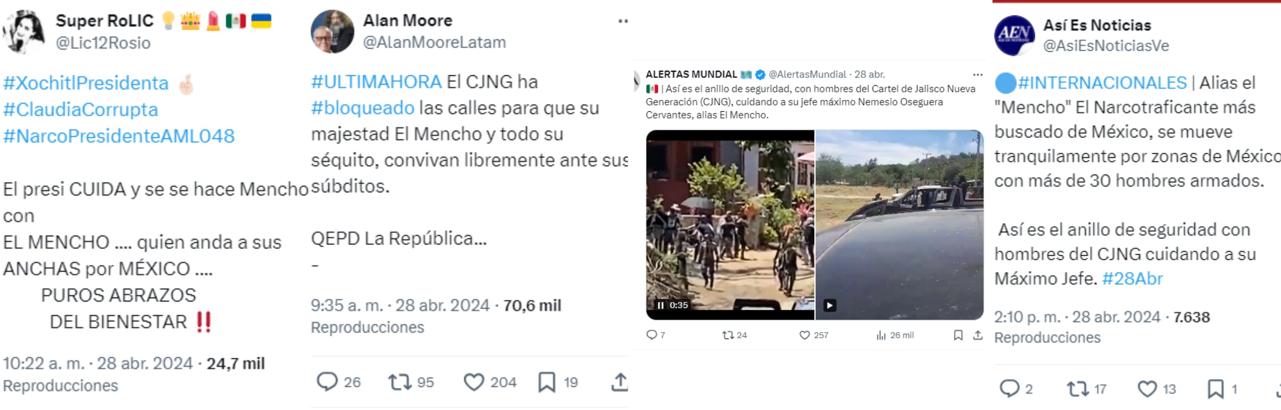 Cuentas de X indicaron que el video difundido se trataba de un operativo del CJNG (Foto: X@Lic12Rosio / @AlanMoooreLatam / @AsiEsNoticiasVe / @AlertasMundial)