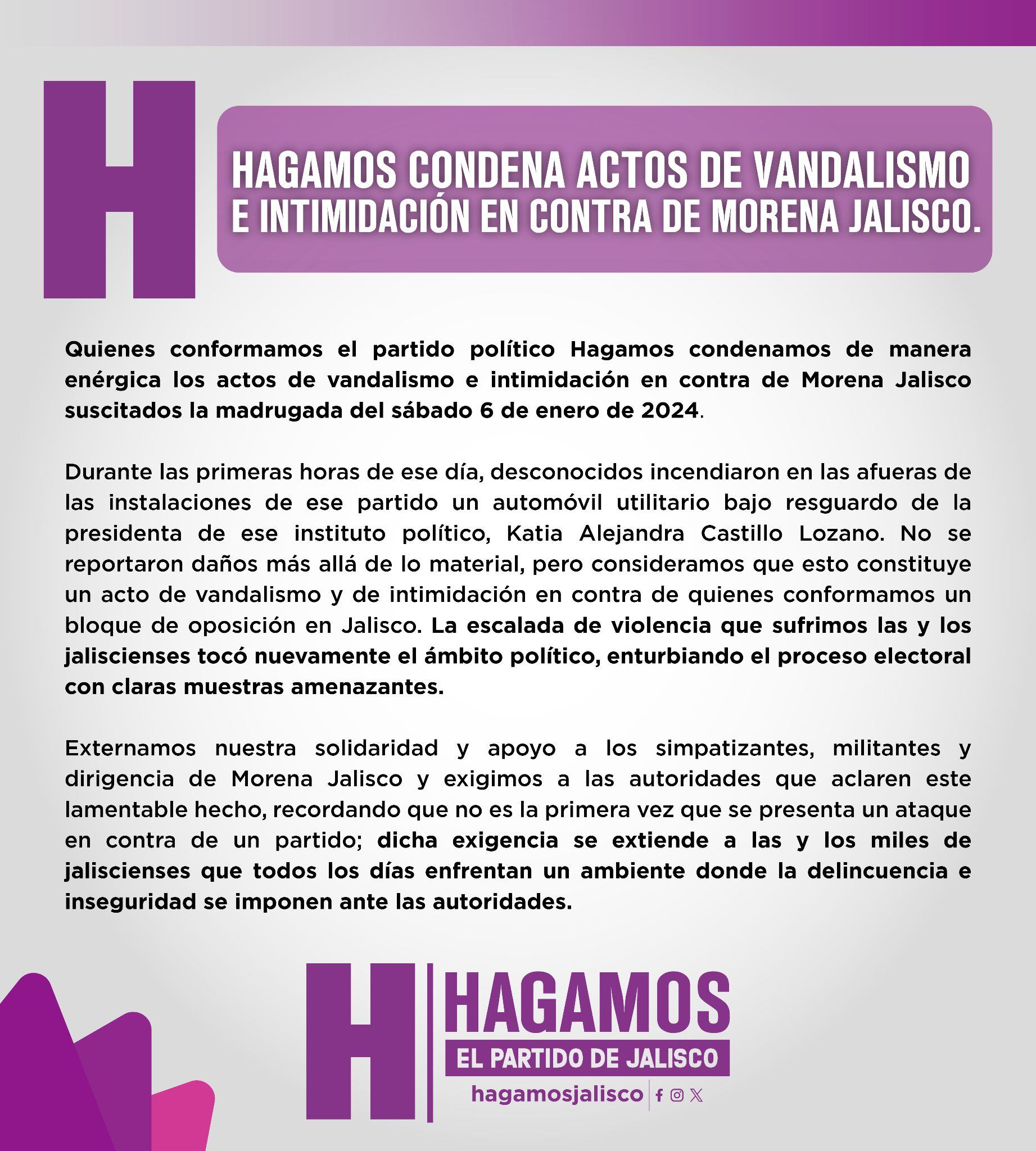 Hagamos Jalisco comunicado por la quema de la camioneta de Katia Castillo