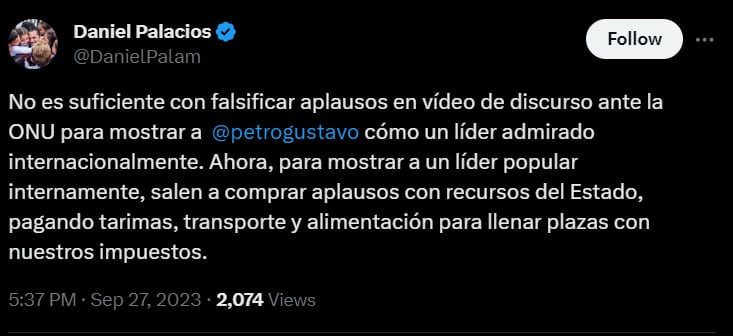 El exministro del Interior Daniel Palacios arremetió contra el presidente Petro tras las manifestaciones del miércoles 27 de septiembre de 2023- crédito @DanielPalam/ X