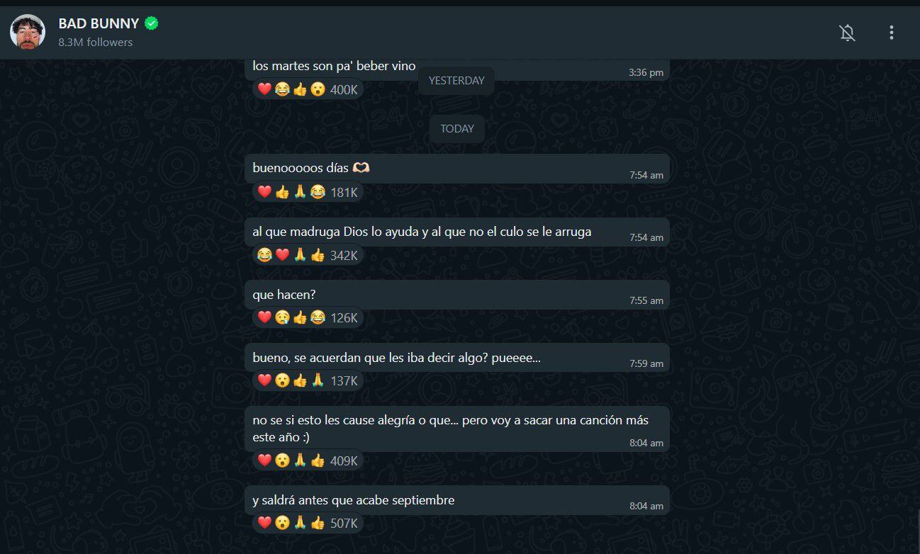 El cantante compartió la noticia con sus seguidores -- crédito: Bad Bunny/ canal de WhatsApp