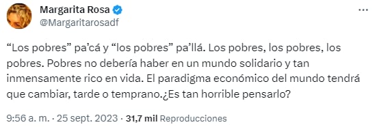 Margarita Rosa de Francisco compartió sus reflexiones sobre la pobreza desde su residencia en Miami, lo que desató una serie de reacciones negativas por parte de algunos internautas - crédito @Margaritorosadf/X