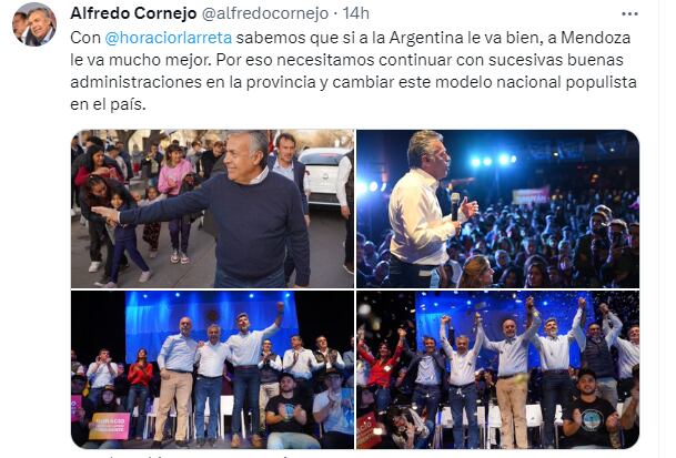 La publicación de Alfredo Cornejo con Horacio Rodríguez Larreta en Mendoza