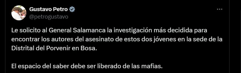 Gustavo Petro sobre los líderes asesinados en Bosa, Bogotá - crédito @petrogustavo/X