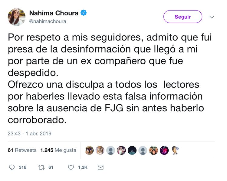 La disculpa de Choura apareciÃ³ horas despuÃ©s (Foto: Twitter @nahimachoura)