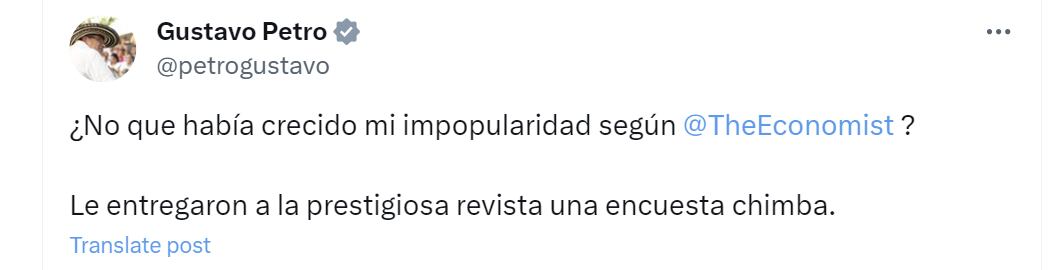 El presidente Gustavo Petro aseguró que The Economist se basó en una "encuesta chimba" para escribir un artículo sobre él - crédito @petrogustavo/X