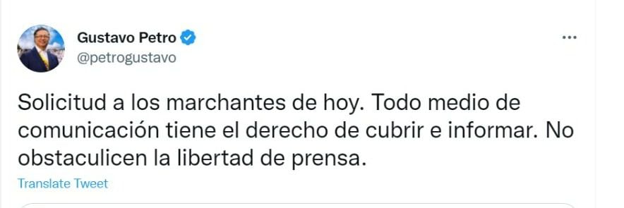 Gustavo Petro sobre las manifestaciones de este sábado 29 de octube. Foto: Twitter @petrogustavo