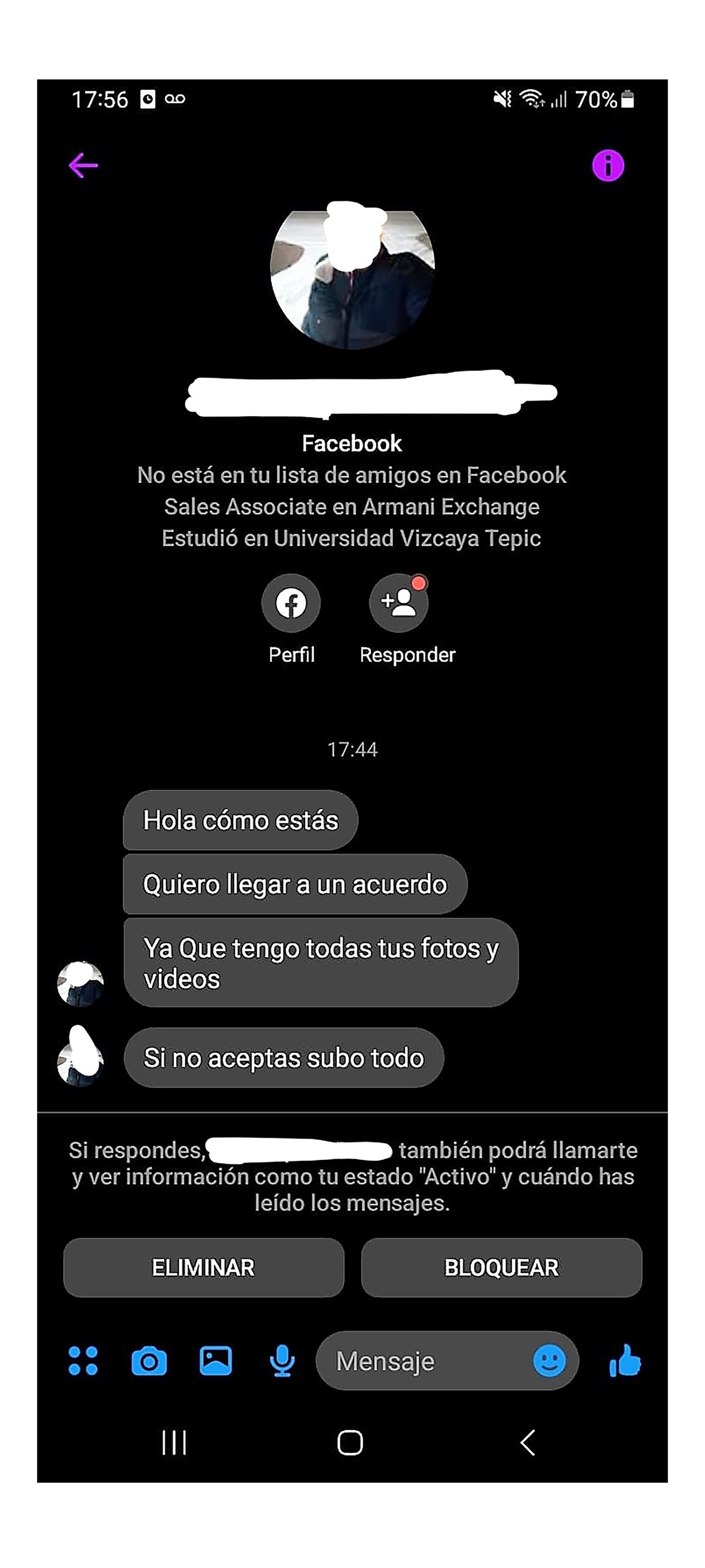 Amenaza que recibió Ana por Facebook