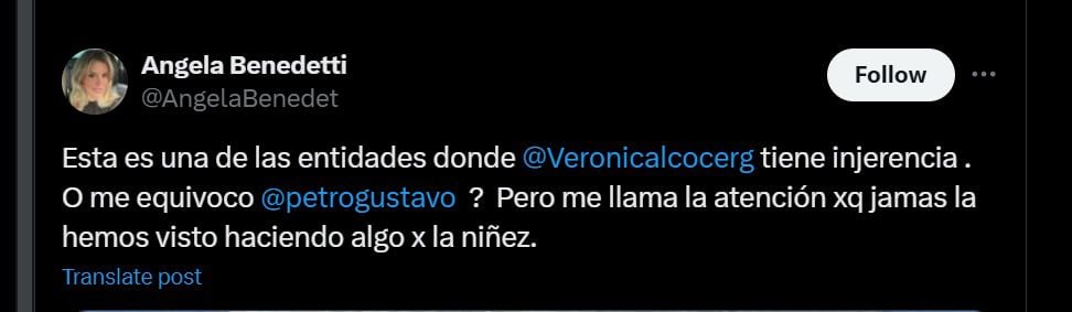 Hermana del embajador Benedetti arremetió contra la Primera Dama - crédito @AngelaBenedet/X