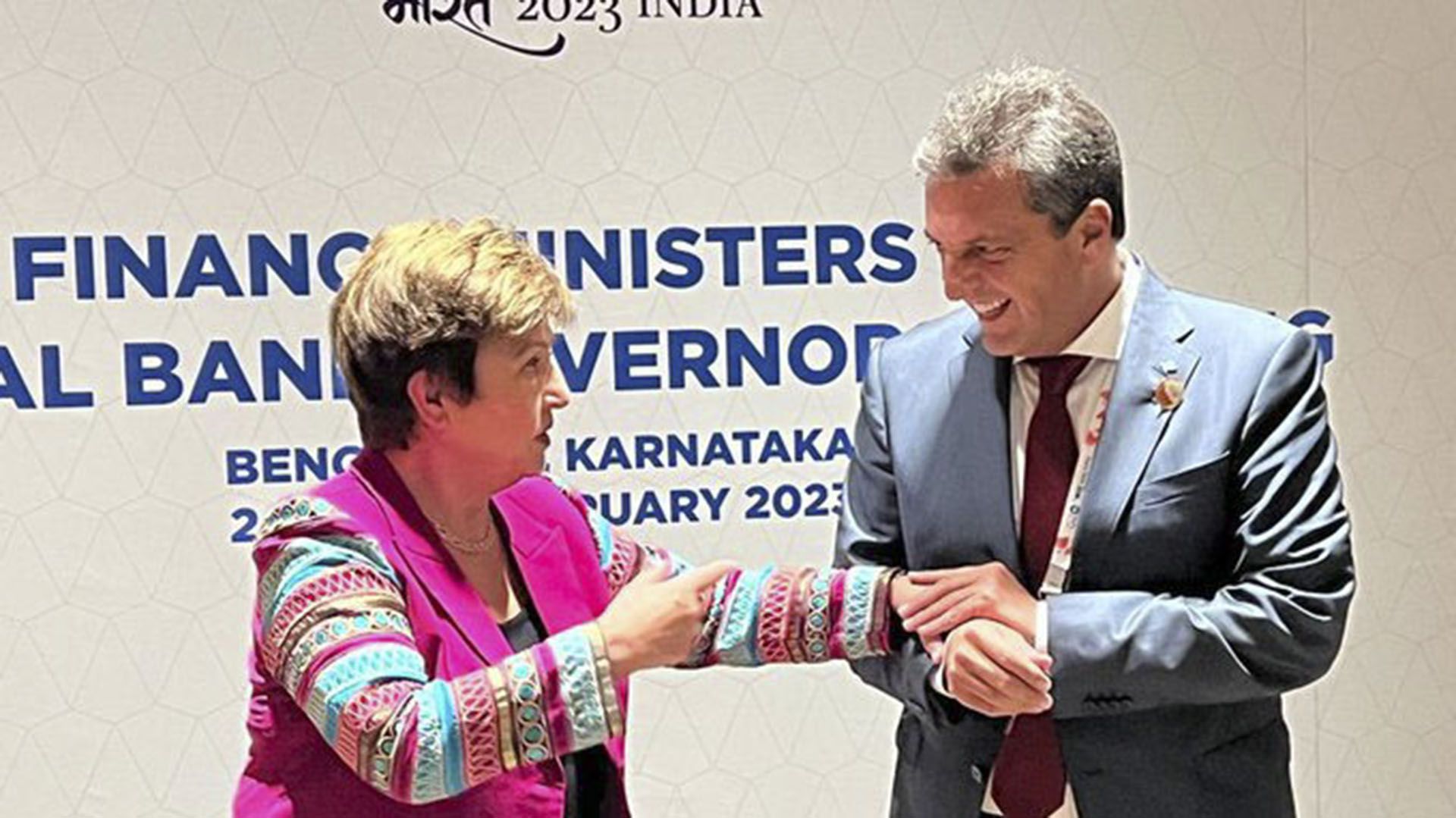 El ministro de Economía y candidato Sergio Massa junto a la directora gerente del Fondo Monetario Internacional (FMI), Kristalina Georgieva
