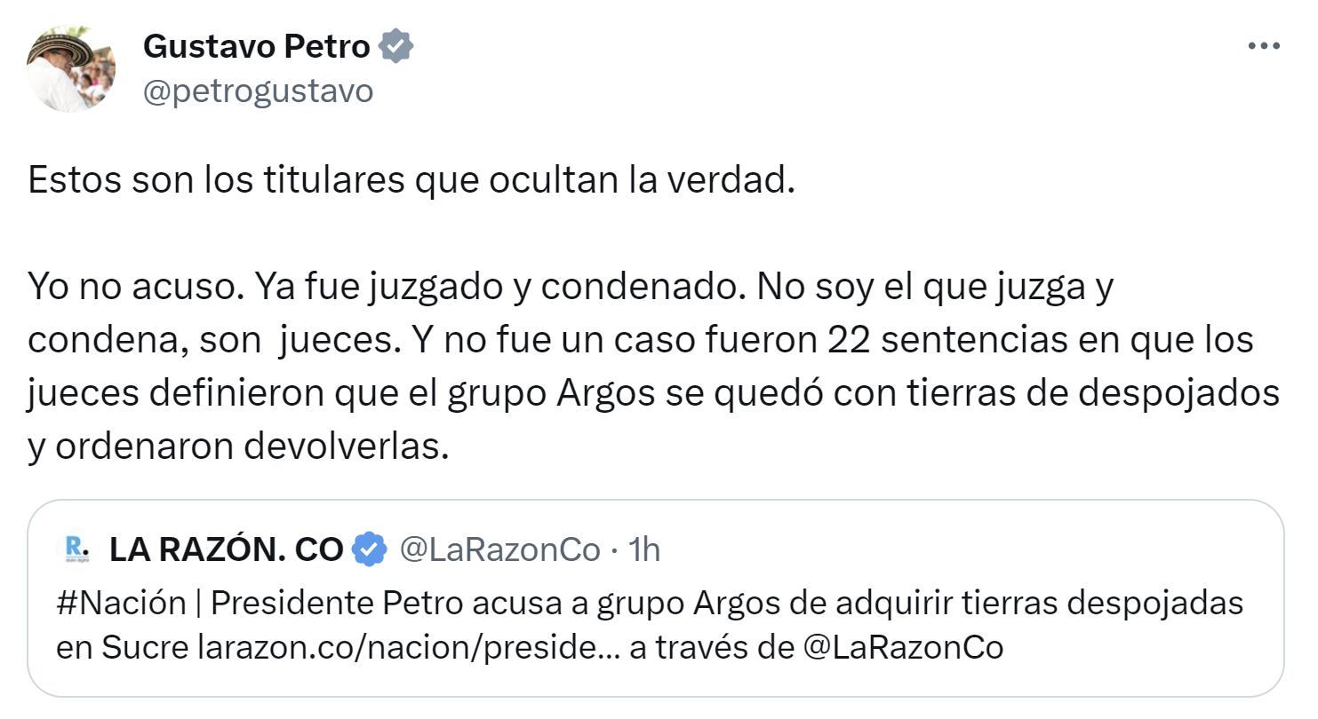 Presidente Gustavo Petro señaló que su referencia al grupo Argos no son acusaciones sino conclusiones de sentencias judiciales