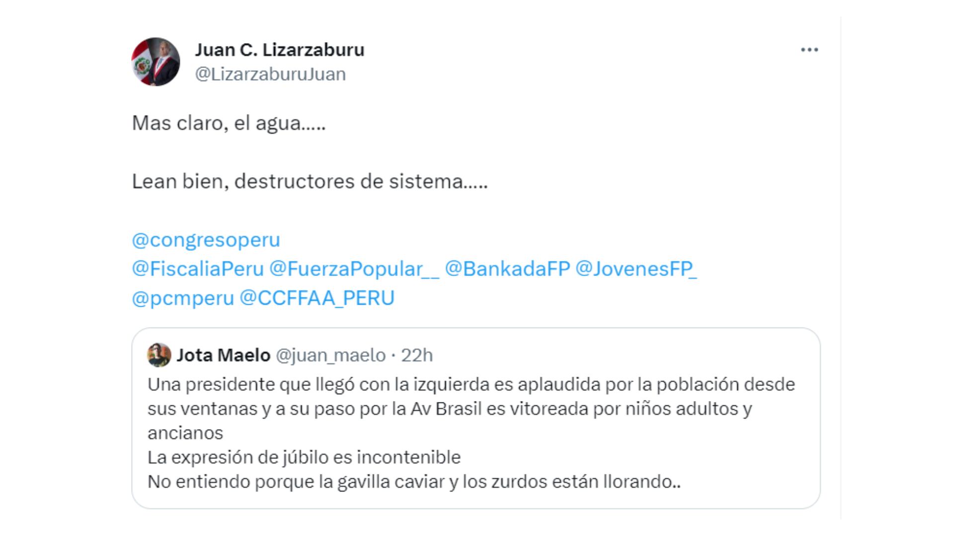 Actividad del congresista Juan Lizarzaburu en redes sociales. (Captura: Twitter)