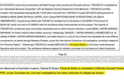 La mención a Fernando Botero en el reporte secreto al que accedió Infobae como socio de FinCEN Files.