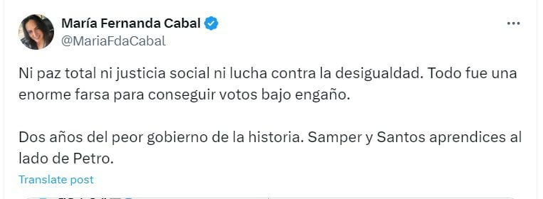 La senadora criticó la gestión del mandatario en materia de seguridad - crédito @MariaFdaCabal/X