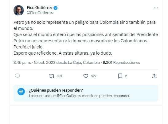 Con este mensaje en su cuenta de X, el candidato a la Alcaldía de Medellín, Federico "Fico" Gutiérrez se despachó en contra de Gustavo Petro y su postura contra el estado de Israel - crédito @ficogutierrez/X