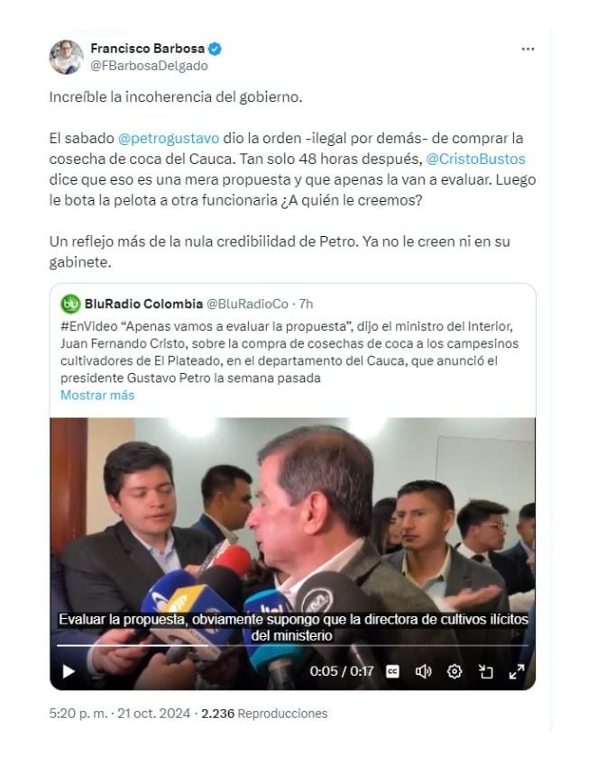 Este fue el mensaje con el que el exfiscal Francisco Barbosa cuestionó incoherencia de Gustavo Petro sobre compra de hoja de coca - crédito @FBarbosaDelgado/X