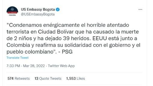 So hat es die Botschaft der Vereinigten Staaten von Kolumbien auf Twitter veröffentlicht. Foto: Twitter @USEmbassyBogota