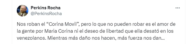 Perkins Rocha, asesor de la PUD, criticó enérgicamente la confiscación del camión, afirmando que, aunque el régimen pudo robar el vehículo, “lo que no pueden robar es el amor de la gente por María Corina 