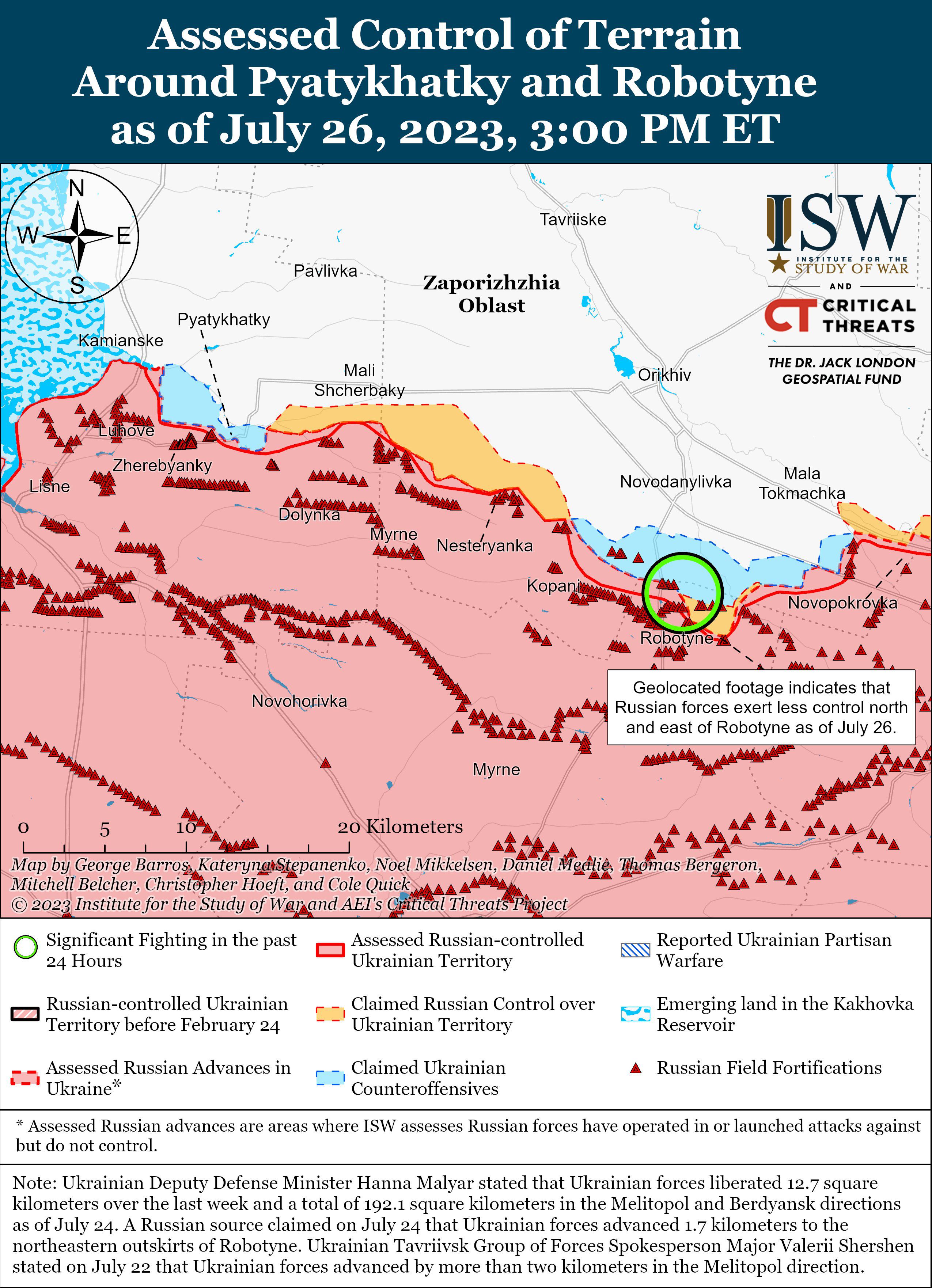 En el oeste de la región de Zaporizhia. En celeste se ve el territorio recuperado por Ucrania, en rojo el territorio ucraniano controlado por Rusia (Twitter ISW - Instituto por el Estudio de la Guerra/@TheStudyofWar)