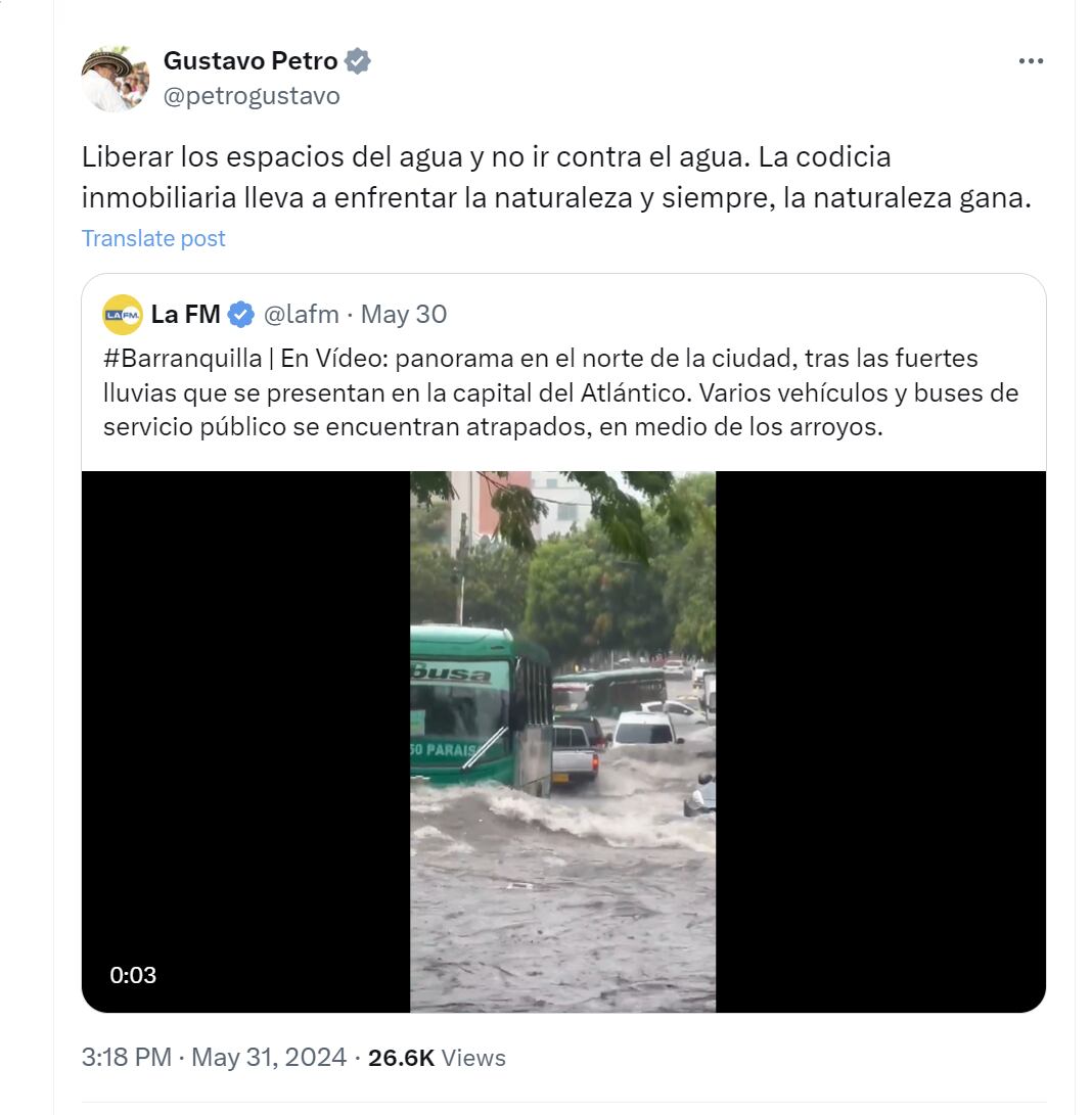 Gustavo Petro se refirió a emergencias que se registraron en Barranquilla por fuertes lluvias - crédito @petrogustavo/X