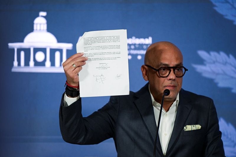 El presidente de la Asamblea Nacional de Venezuela, Jorge Rodríguez, en una conferencia de prensa, en Caracas, Venezuela, el 18 de septiembre de 2024. (REUTERS/Gaby Oraa)