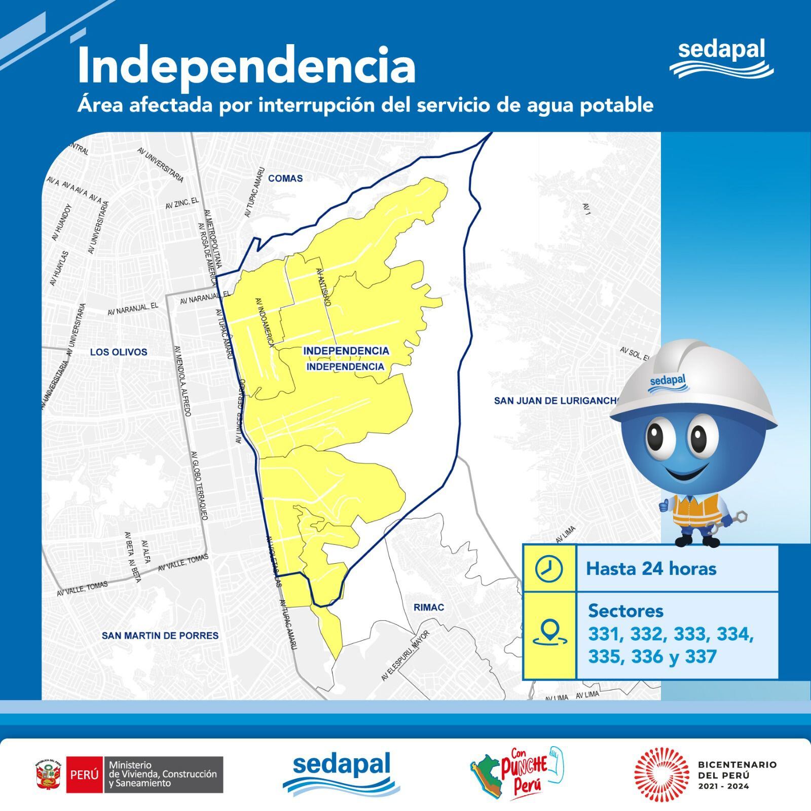 Mapa de las zonas que serán afectadas por el corte de agua en Independencia y horarios en que se suspenderá el servicio | Crédito: Sedapal.