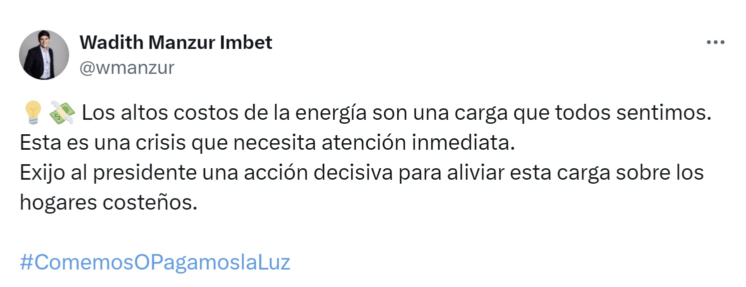 El representante a la Cámara Wadith Manzur exigió medidas para el alto cobro de tarifas de energía en el Caribe - crédito X