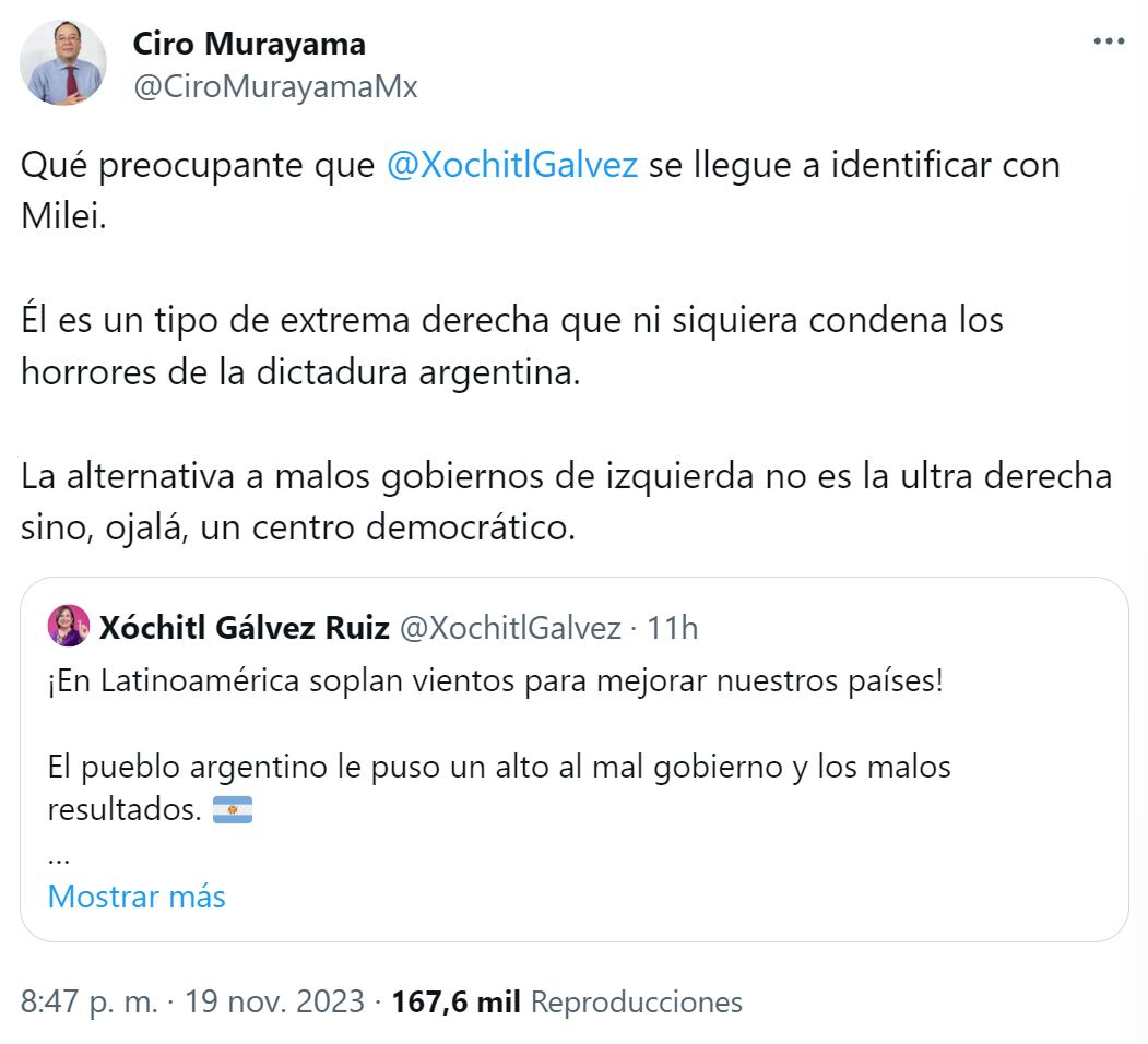 Ciro Murayama critica a Xóchitl Gálvez por 'identificarse con Milei', nuevo presidente de Argentina - Infobae