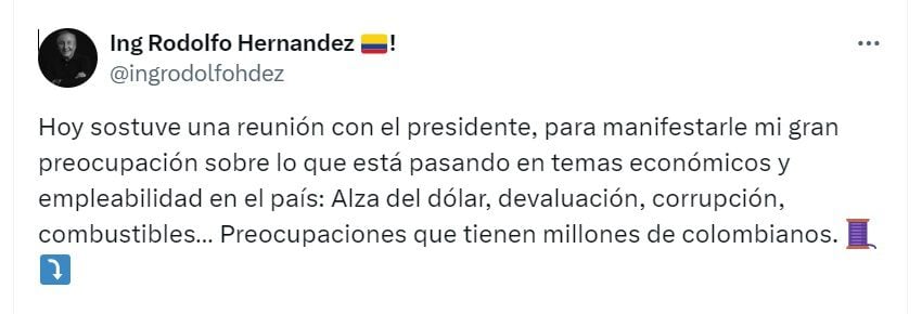 Rodolfo Hernández, cuando era senador, mostró preocupaciones por el alza en el dólar y en el precio de los combustibles - crédito @ingrodolfohdez/X