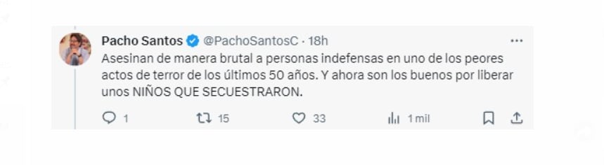 Francisco Santos expresó su indignación por la liberación de los niños secuestrados por el grupo Hamas - crédito @PachoSantosC/X