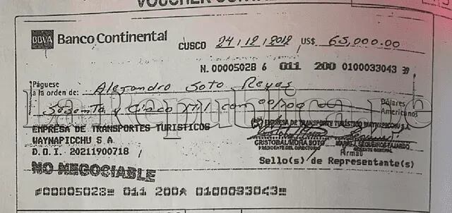 Segundo cheque por US$ 65.000 del 24 de diciembre que probaría la estafa de Alejandro Soto contra Transportes Wayna Picchu. Foto: La República.