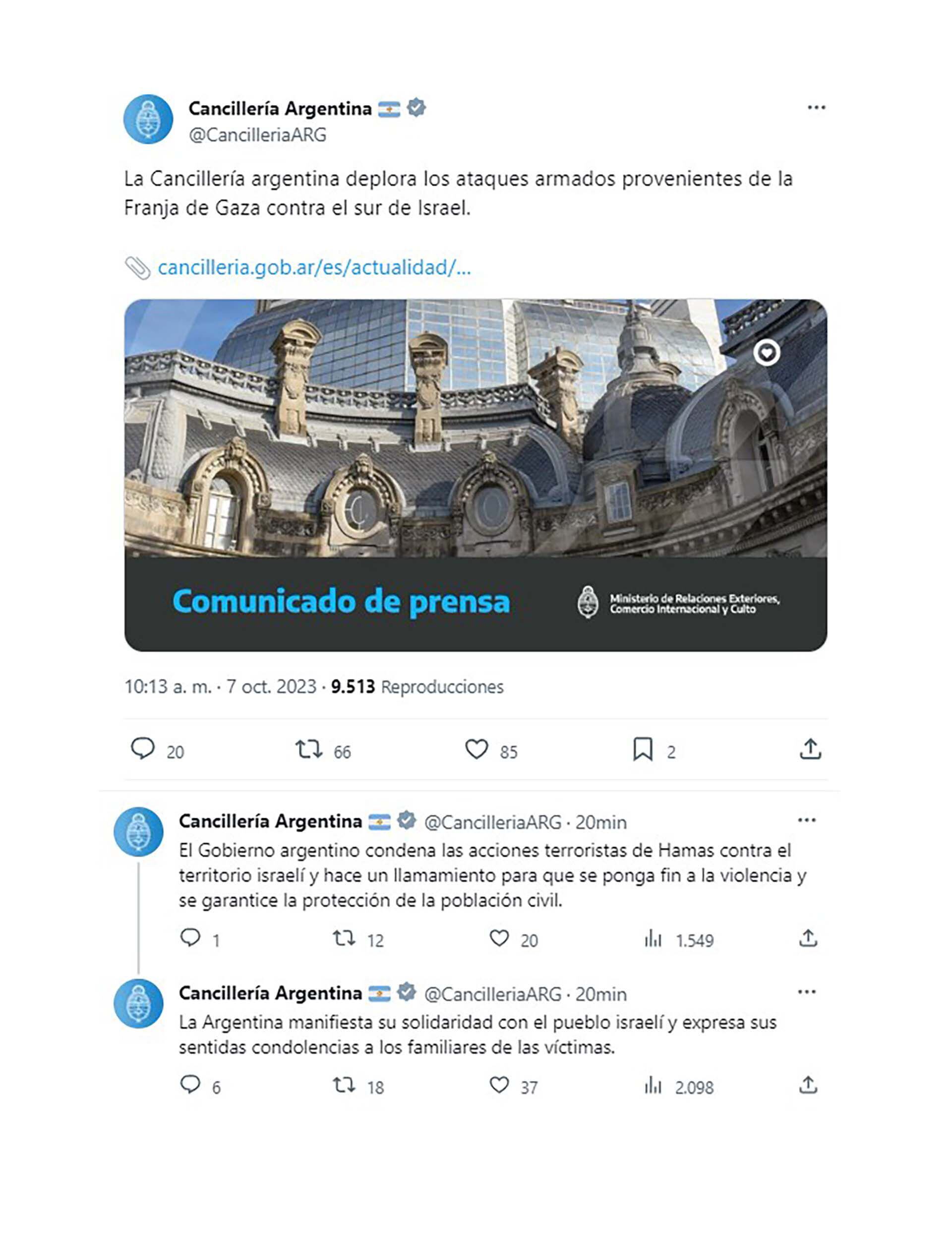 Comunicado de la Cancillería argentina en repudio a los ataques terroristas de Hamas en el sur de Israel. 