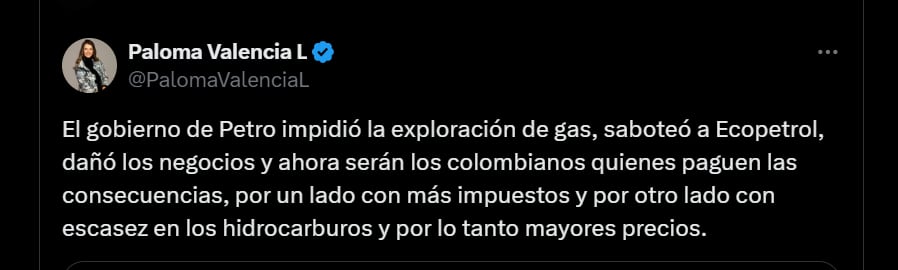 La senadora opositora culpó al Gobierno Petro de la escasez de gas en el país al impedir la exploración de hidrocarburo en Colombia - crédito @PalomaValenciaL/X