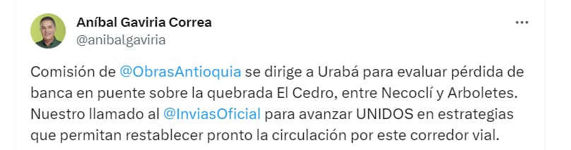 Aníbal Gaviria, gobernador del departamento se pronuncia sobre emergencia en Urabá - crédito @anibalgaviria/cuenta X