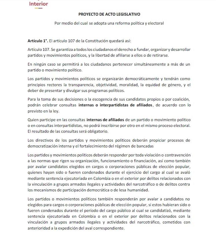 Articulado del proyecto de ley de la reforma política del Gobierno Petro - crédito Ministerio del Interior