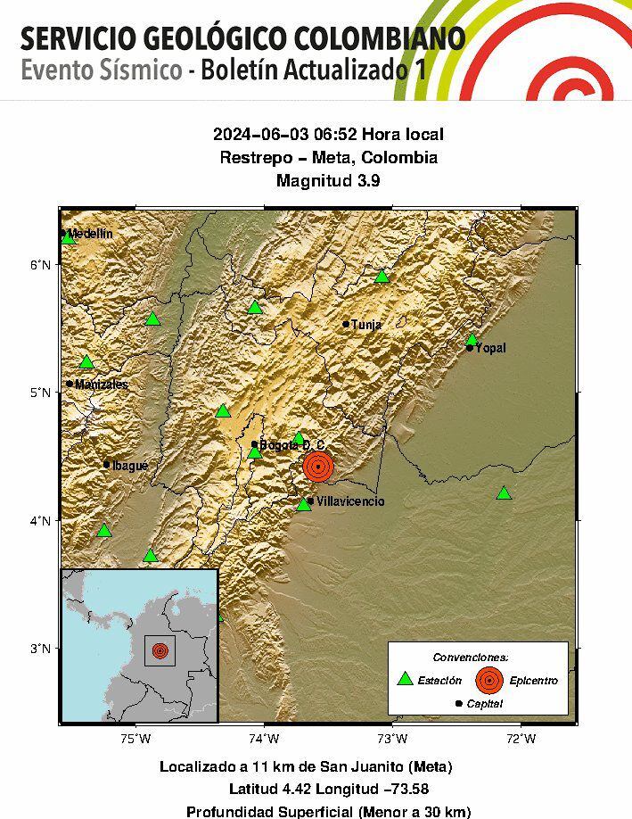 Reportan sismo en Meta, cerca de Bogotá