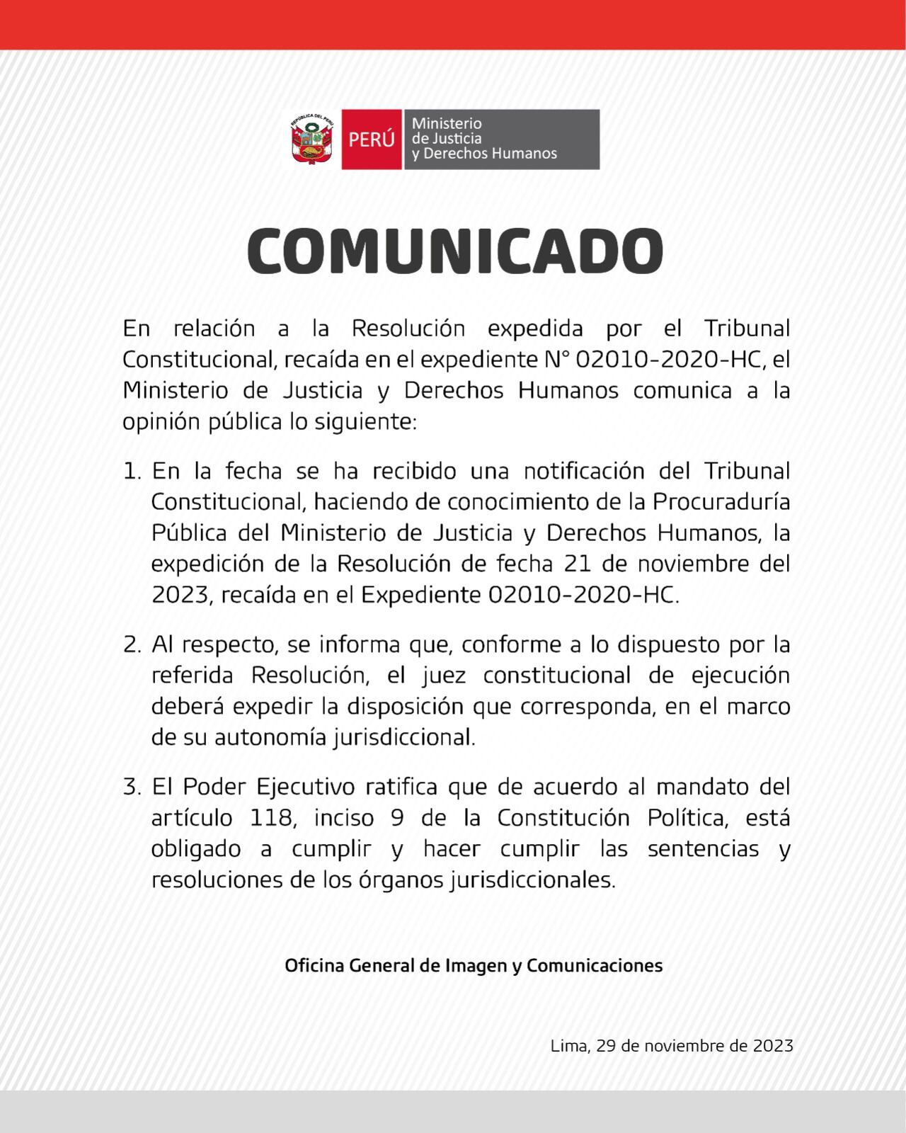 Comunicado del Minjus