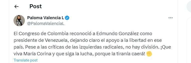 Paloma Valencia habla del reconocimiento del Congreso colombiano a Edmundo González como presidente de Venezuela - crédito @PalomaValenciaL