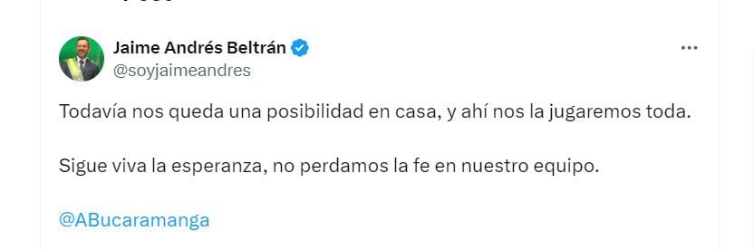 El alcalde de Bucaramanga pidió seguir confiando en el equipo santandereano - crédito @Soyjaimeandres/X