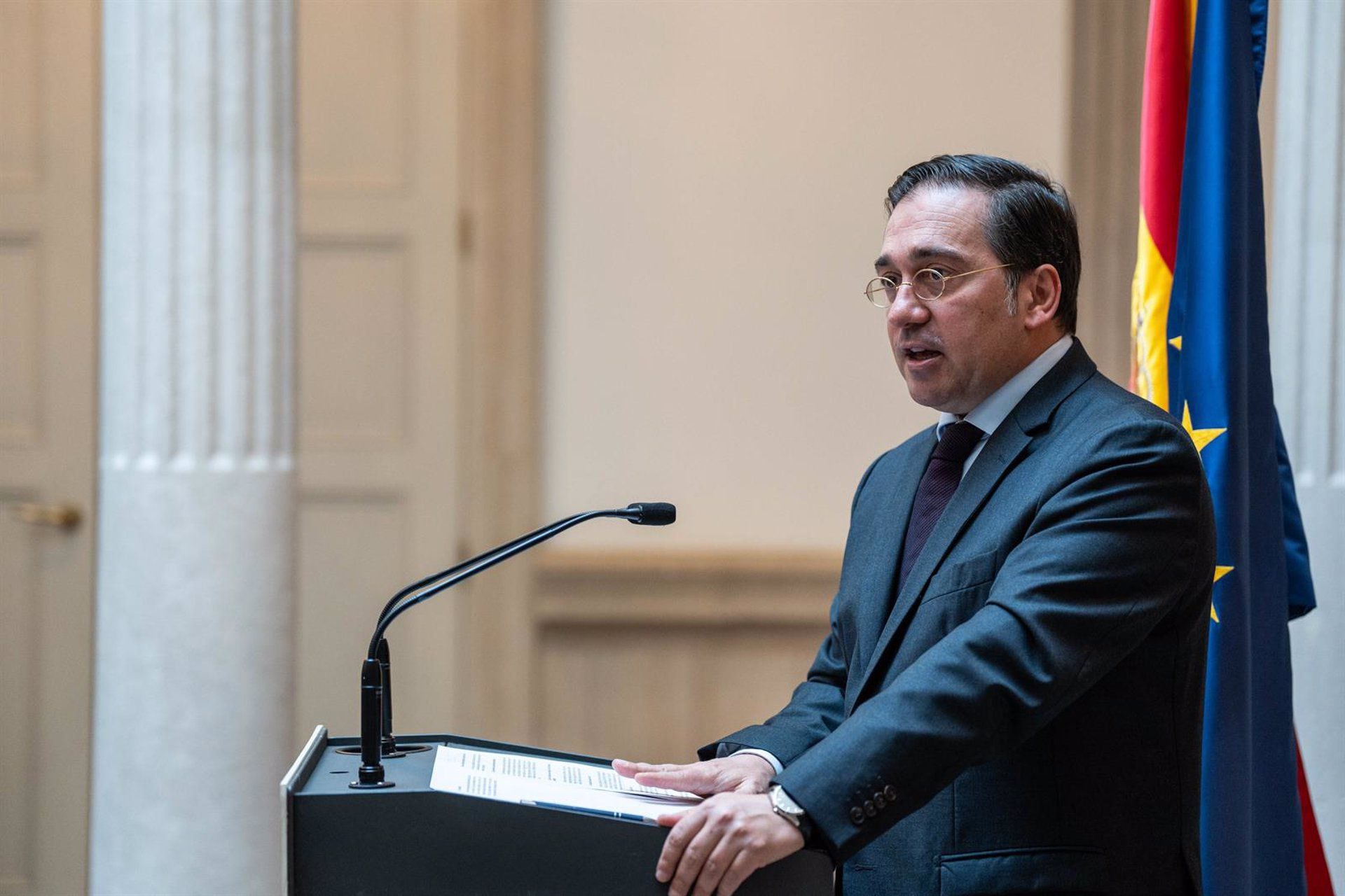 El ministro de Asuntos Exteriores, Unión Europea y Cooperación, José Manuel Albares, durante una rueda de prensa, en el Palacio de Viana, a 6 de junio de 2024, en Madrid. (Matias Chiofalo/Europa Press)
