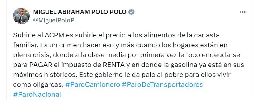 Miguel Polo Polo, representante a la Cámara, señaló que subir el precio del Acpm es un crimen - crédito @MiguelPoloP/X