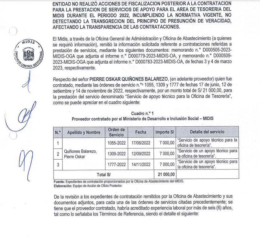 Informe de la Contraloría que evidencia la contratación irregular de proveedor durante la gestión de Dina Boluarte.