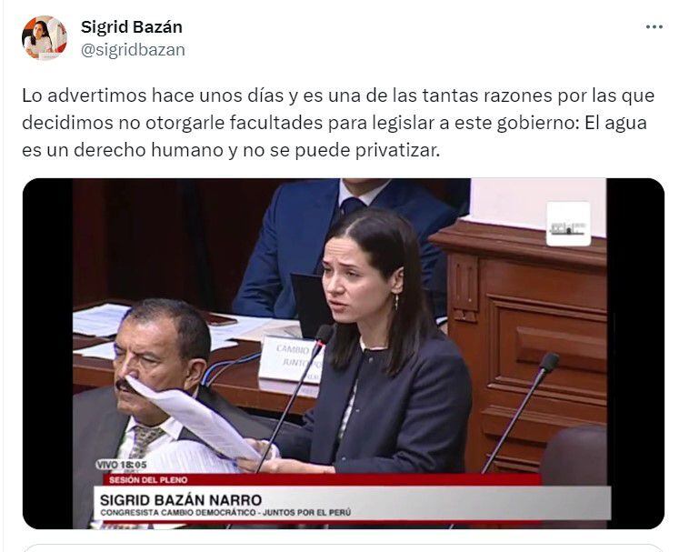 Congresista Sigrid Bazán en contra de privatizar un servicio básico como el agua. Foto: X (Twitter)